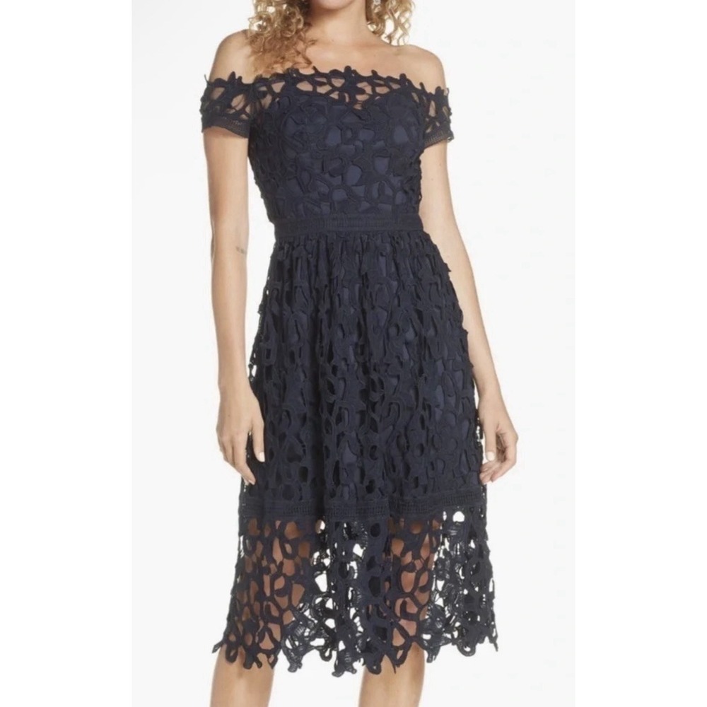 Chi Chi London Black Lace Lined Dress Size 16 Sweatheart Neck MIDI Off Shoulder
